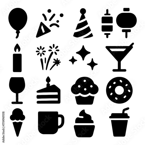 Celebration Symbols: A collection of monochrome icons representing key elements of festive occasions