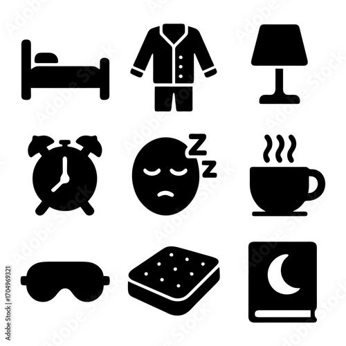 Sleep Essentials: A visually engaging array of icons showcasing a collection of essential items and visual representations symbolizing a good night's sleep.
