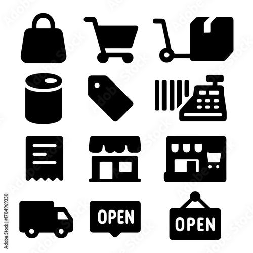 E-commerce Essentials Icon Set: A comprehensive collection of vector icons, perfect for any commercial endeavor, including a shopping bag, cart, barcode scanner, till and delivery truck.