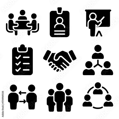 Business Icons: Set of stylized icons representing various aspects of business, including meetings, presentations, agreements, and networking. Enhance your design with these versatile graphics.