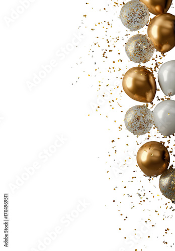 Gold and white balloons on black background, confetti bursts