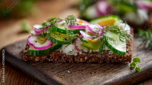 Openfaced sandwich with rye bread cucumber onions dill and a creamy spread on a wooden board