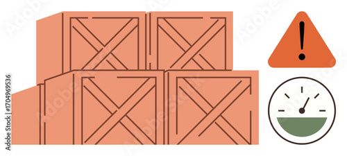 Stacked crates alongside a triangle warning sign and gauge indicating monitoring. Ideal for safety, logistics, shipping, warehouse, inventory, risk management, storage concepts. A simple flat