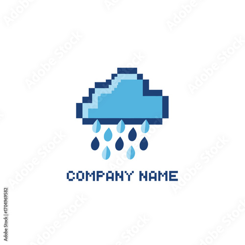 Pixel art cloud raining water drops for weather forecast app logo.