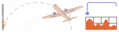 Airplane flying along a dotted path towards a destination pin, transitioning to a data chart representation. Ideal for travel planning, aviation, logistics, analytics, navigation, business reports
