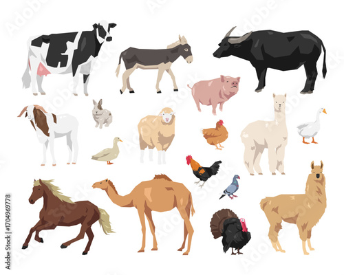 Vector set of farm animal. Cow, donkey, buffalo, pig, goat, rabbit, sheep, duck, chicken, goose, pigeon, horse, camel, turkey, alpaca, and llama. Flat geometric illustration.