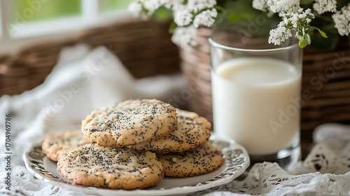 Cookies with poppy seeds and a glass of milk