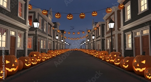 Fototapeta Naklejka Na Ścianę i Meble -  Spooky halloween night scene with pumpkins lining a street in a small town setting