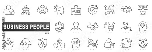 Business people icons showing expert leadership, teamwork, recruitment, presentation, analytics, finance, partnership, goals, and strategy in outline style, editable stroke