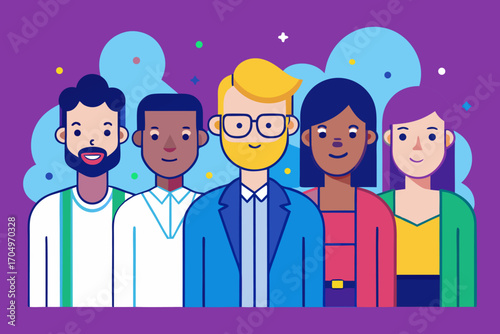 Flat Design Business Team Vector – Diverse Professional People Standing Together in Corporate Style.