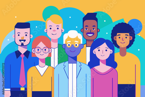 Flat Design Business Team Vector – Diverse Professional People Standing Together in Corporate Style.