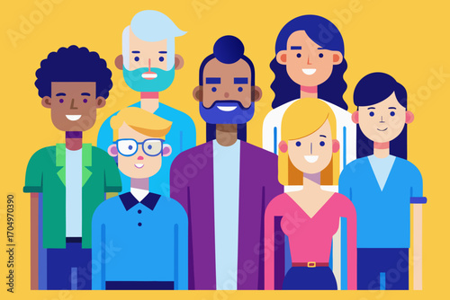 Flat Design Business Team Vector – Diverse Professional People Standing Together in Corporate Style.