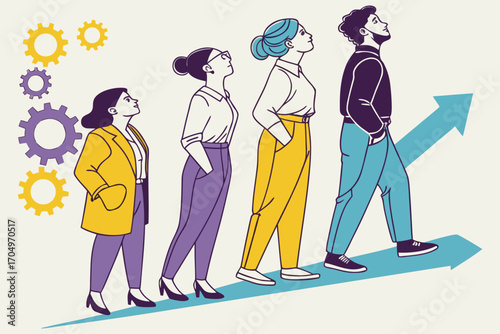 Flat Design Business Team Vector – Diverse Professional People Standing Together in Corporate Style.