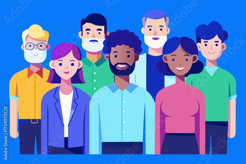 Flat Design Business Team Vector – Diverse Professional People Standing Together in Corporate Style.