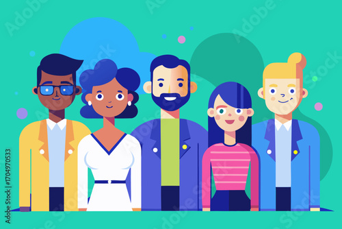 Flat Design Business Team Vector – Diverse Professional People Standing Together in Corporate Style.