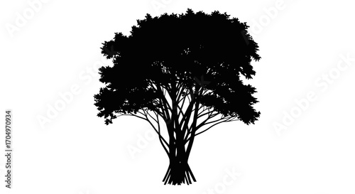 Solitary tree silhouette with dense foliage against a white background for ecological illustrations and nature-themed graphic design