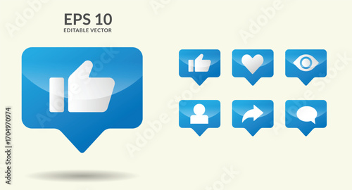 Set of collection social media notification icons in red color with shadow including like, heart, view, share, and comment symbols ideal for digital communication concepts.