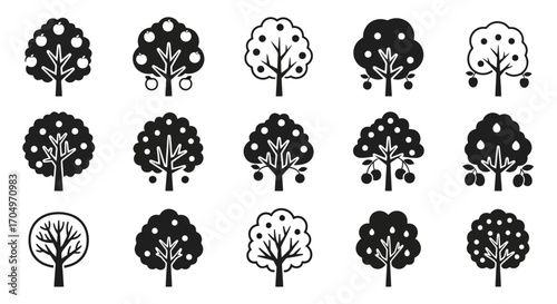 Vector Set of Fruit Trees with Apples, Cherries, and Plums for Orchard Design and Agricultural Illustration, Ideal for Farm Branding and Food Packaging