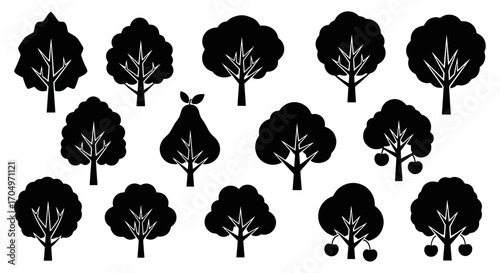 Diverse Black Silhouette Trees Set on White Background, Perfect for Nature-Themed Designs and Educational Resources About Forest and Forestal Ecosystems