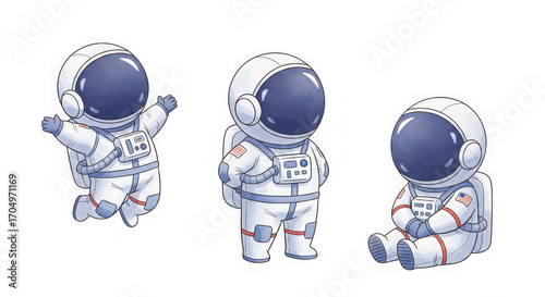 Three cute cartoon astronauts in space suits, one jumping, one standing, one sitting isolated on transparent background