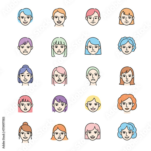 A collection of diverse cartoon facial expressions representing a range of human emotions and feelings.