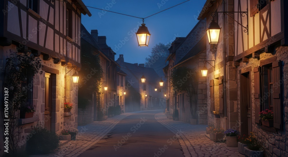 Fototapeta premium Illuminated Cobblestone Street at Dusk: A Charming European Village Scene