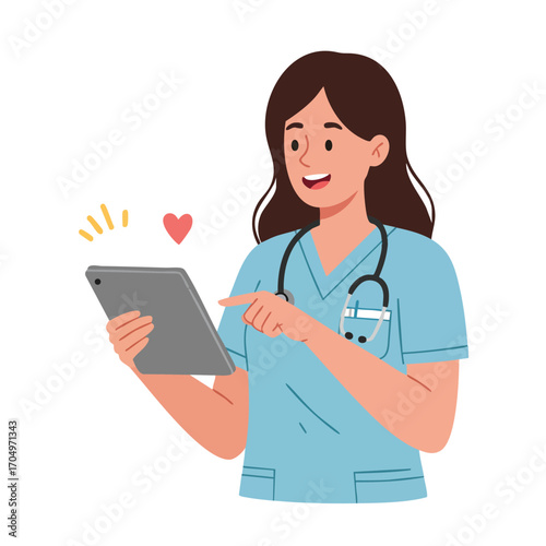 Female healthcare worker using digital tablet with stethoscope in blue scrubs vector illustration 
