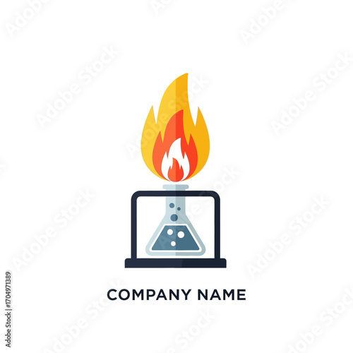 Science experiment logo with a chemical flask on a stand with a large flame.