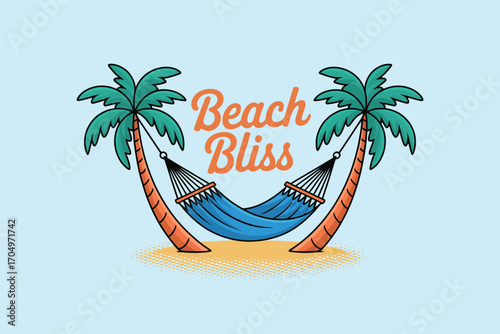 Illustration of a hammock strung between two palm trees with the words beach bliss above it all