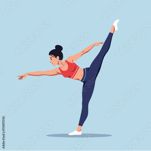 Woman practicing high leg stretch in yoga pose with blue background and red top vector illustration 