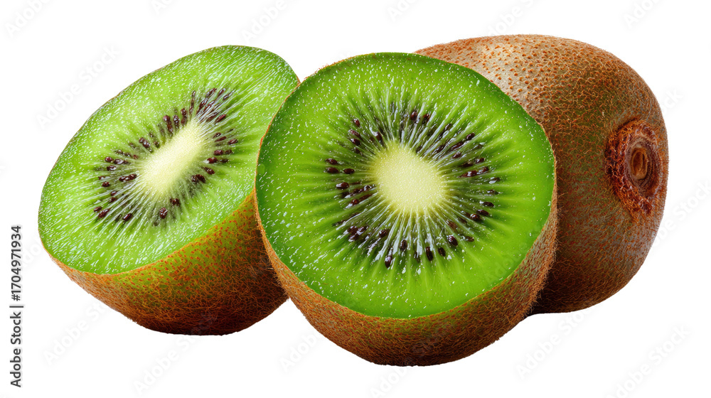 Fototapeta premium Fresh Kiwi Trio: Vibrant kiwi fruits, showcasing their juicy green flesh and black seeds. A close-up view highlights the fruit's appealing texture and freshness.