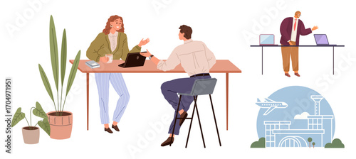 Colleagues interacting at a desk with laptops, a presenter at another table, airport and airplane scene. Ideal for business, teamwork, remote work, travel, global connections, communication flat