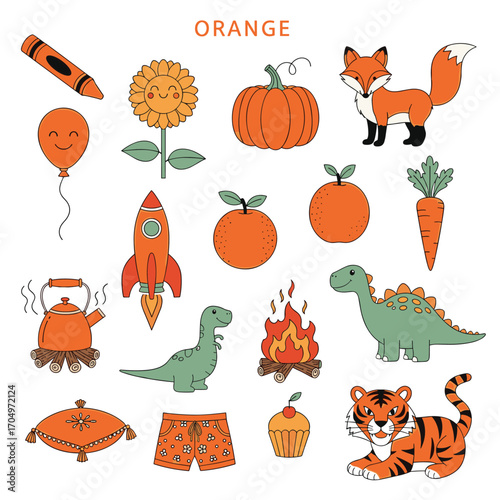A collection of orange colored objects and creatures.