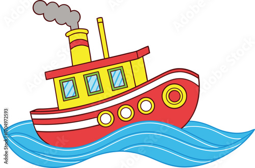 Vector art of cartoon tugboat sailing on blue waves with smoke coming from its chimney