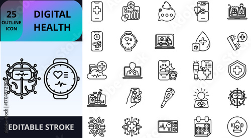 A modern collection of 50 digital health icons featuring wearable devices, medical apps, AI healthcare, telemedicine, neurotech, and health monitoring tools. Perfect for science, technology, and more