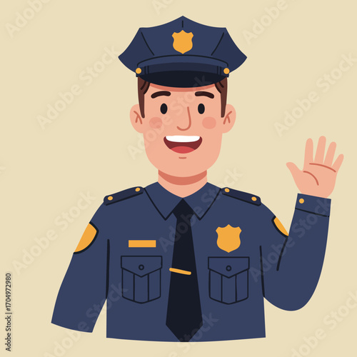 Police officer waving hand smiling friendly male character in uniform vector illustration 