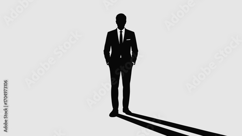 Silhouette of a man in a suit standing with hands in pockets against a light gray background plain scene
