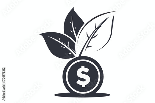 Dark coin with dollar sign sprouts three dark leaves upward