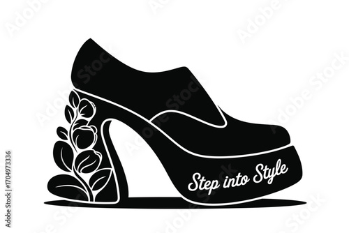 Silhouette of a platform shoe with floral design on the heel and step into style text on the sole