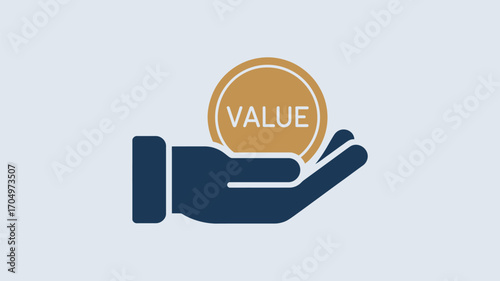 A stylized illustration showing a dark blue hand holding a gold coin labeled with the word value centered
