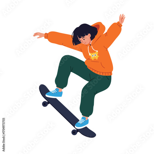 Young girl performing skateboard trick in orange hoodie and green pants active lifestyle vector illustration 