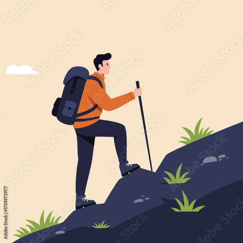 Male hiker climbing rocky hill with backpack in outdoor adventure vector illustration 