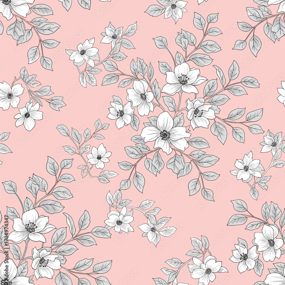 Obraz premium Delicate white floral pattern on a soft pink background.