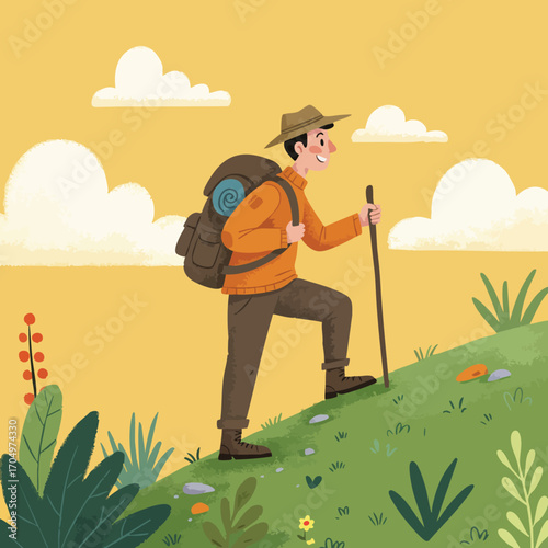 Male hiker trekking with backpack and walking stick on grassy hill under cloudy sky in yellow light vector illustration 