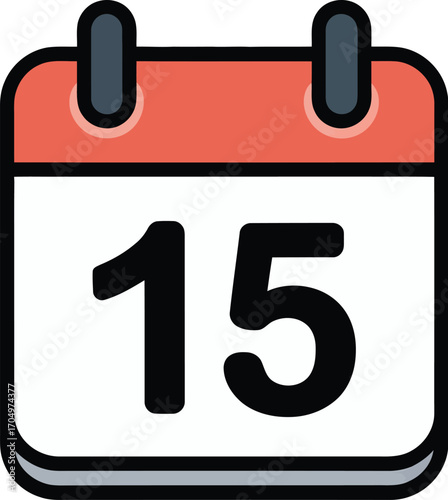 Illustration of a calendar with a red top and the number fifteen in black on the white page center