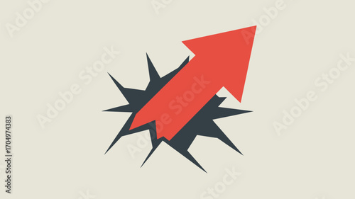 Red arrow breaking through a dark jagged hole in a light background, pointing upwards and to the right
