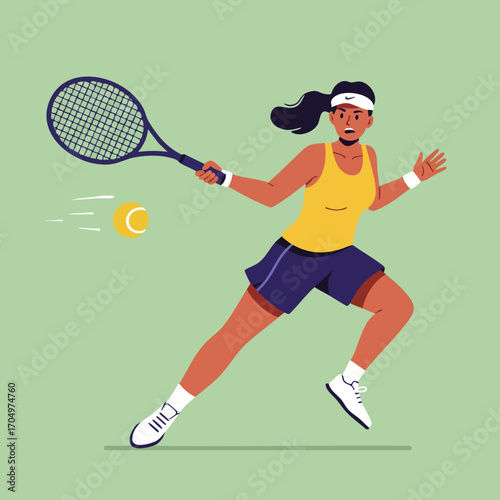 Female tennis player in action hitting ball with racket on green background vector illustration 