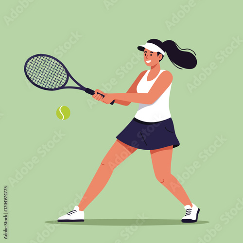 Female tennis player hitting ball with racket in active sports play on green background vector illustration 