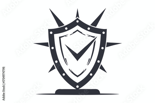 Dark Shield with Check Mark, Spikes, and Rivets Security on White Background