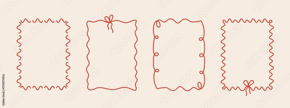 Hand-drawn coquette wavy frames set, squiggle curly swirl tied bow borders, ribbons cadre vintage modern vintage whimsical edgings elements, elegant trend stamps flirting girly style design. Isolated.